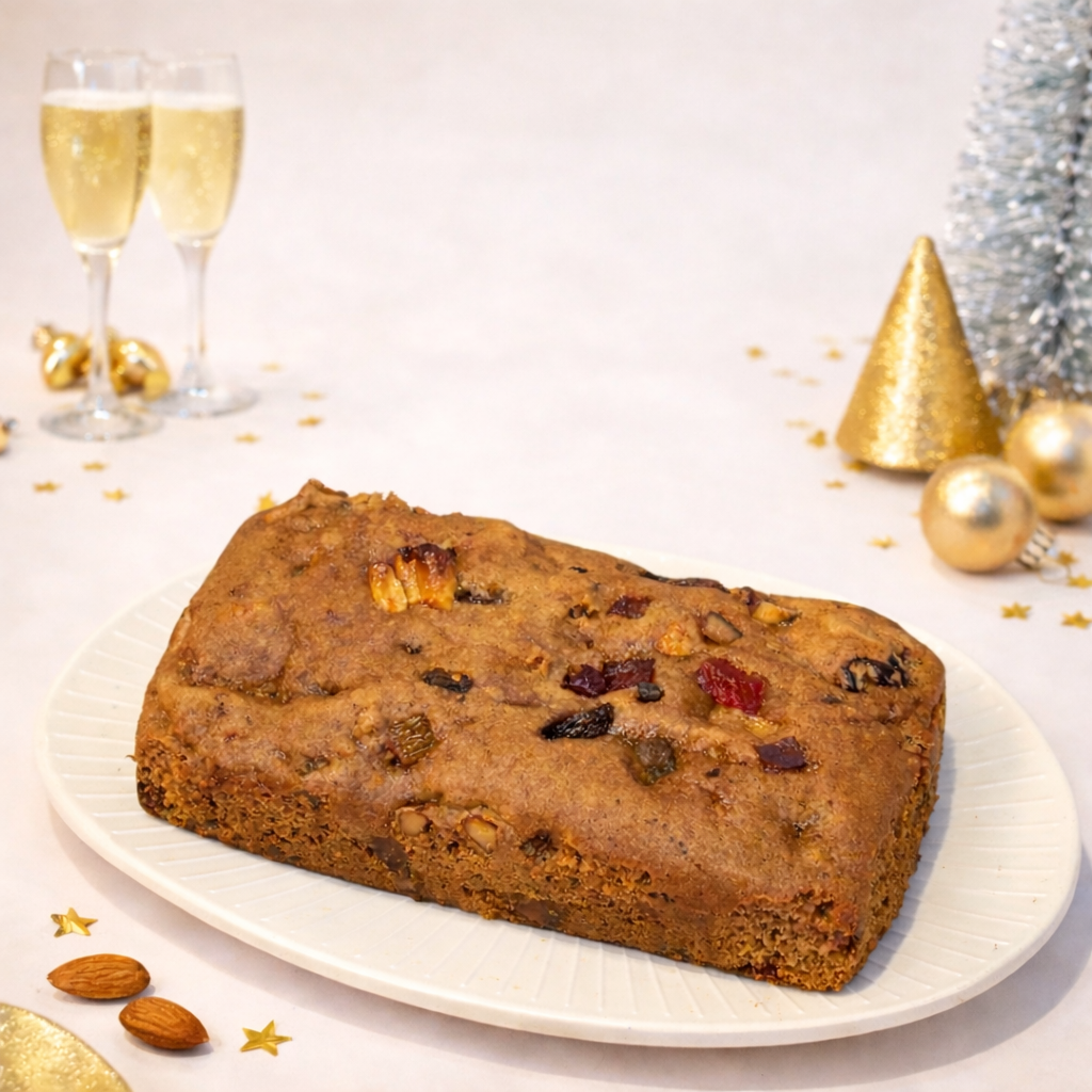 Festive setting with a fruitcake on a plate, flanked by champagne glasses and Christmas decorations.