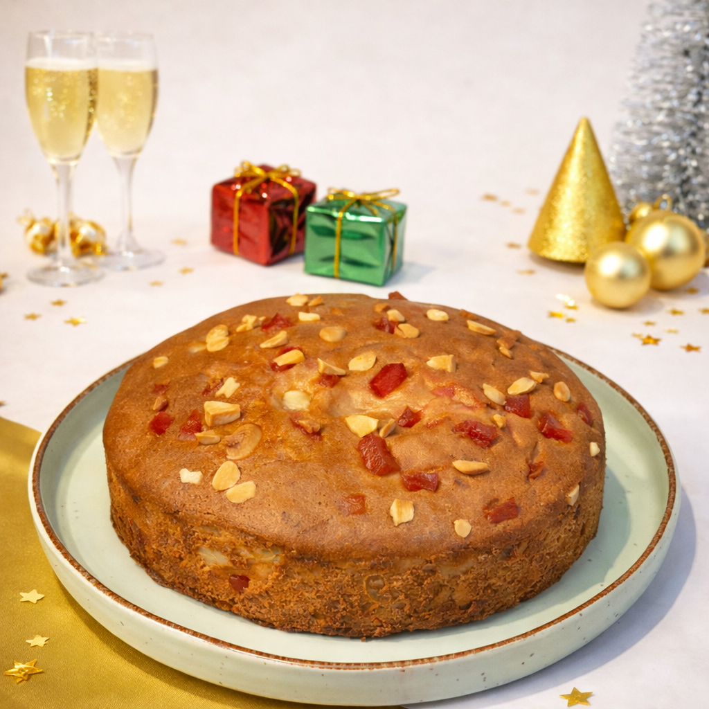 Festive cake with decorative fruits on a white plate, surrounded by champagne glasses, gift boxes, and Christmas decorations.