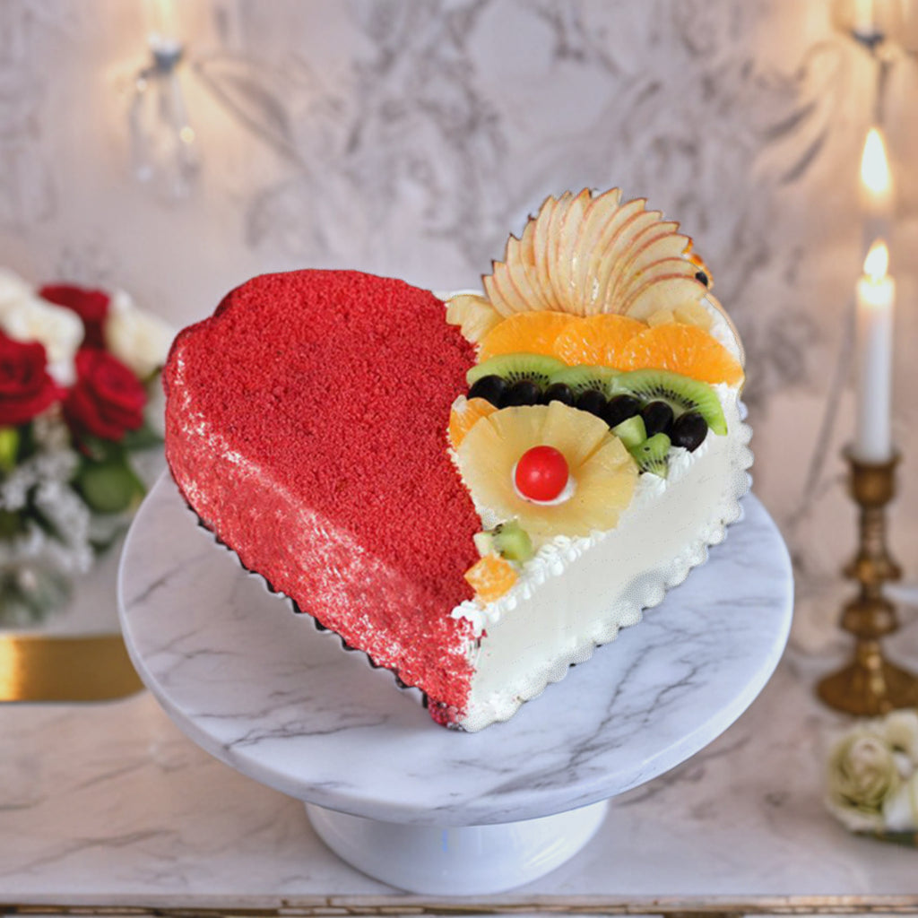 Heart Shaped Red Velvet Fruits Cake