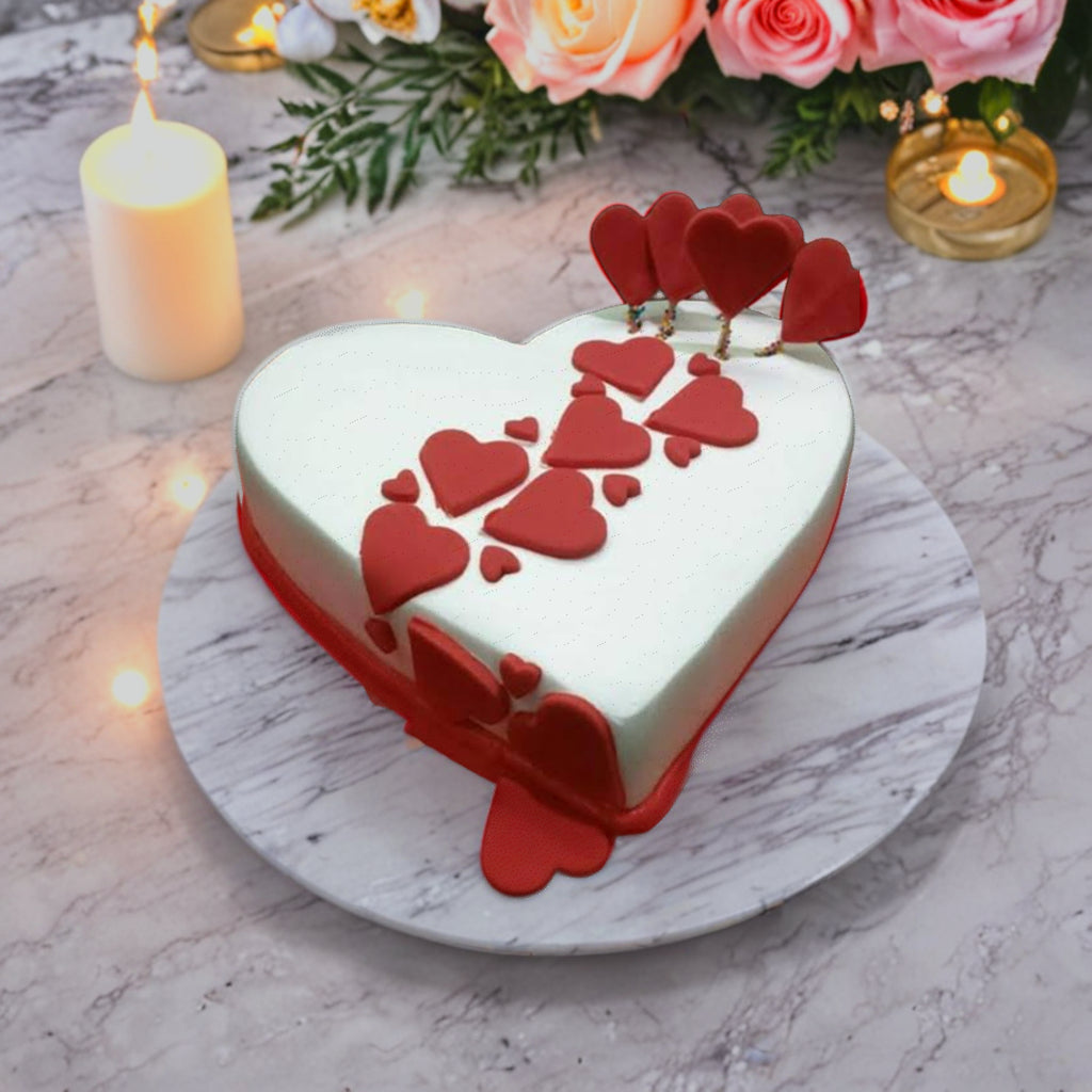 Red Hearts on White Fondant Cake