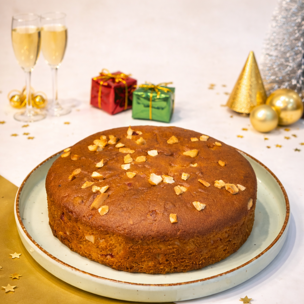 Round cake on a plate with champagne glasses, gift boxes, and festive decorations in the background.